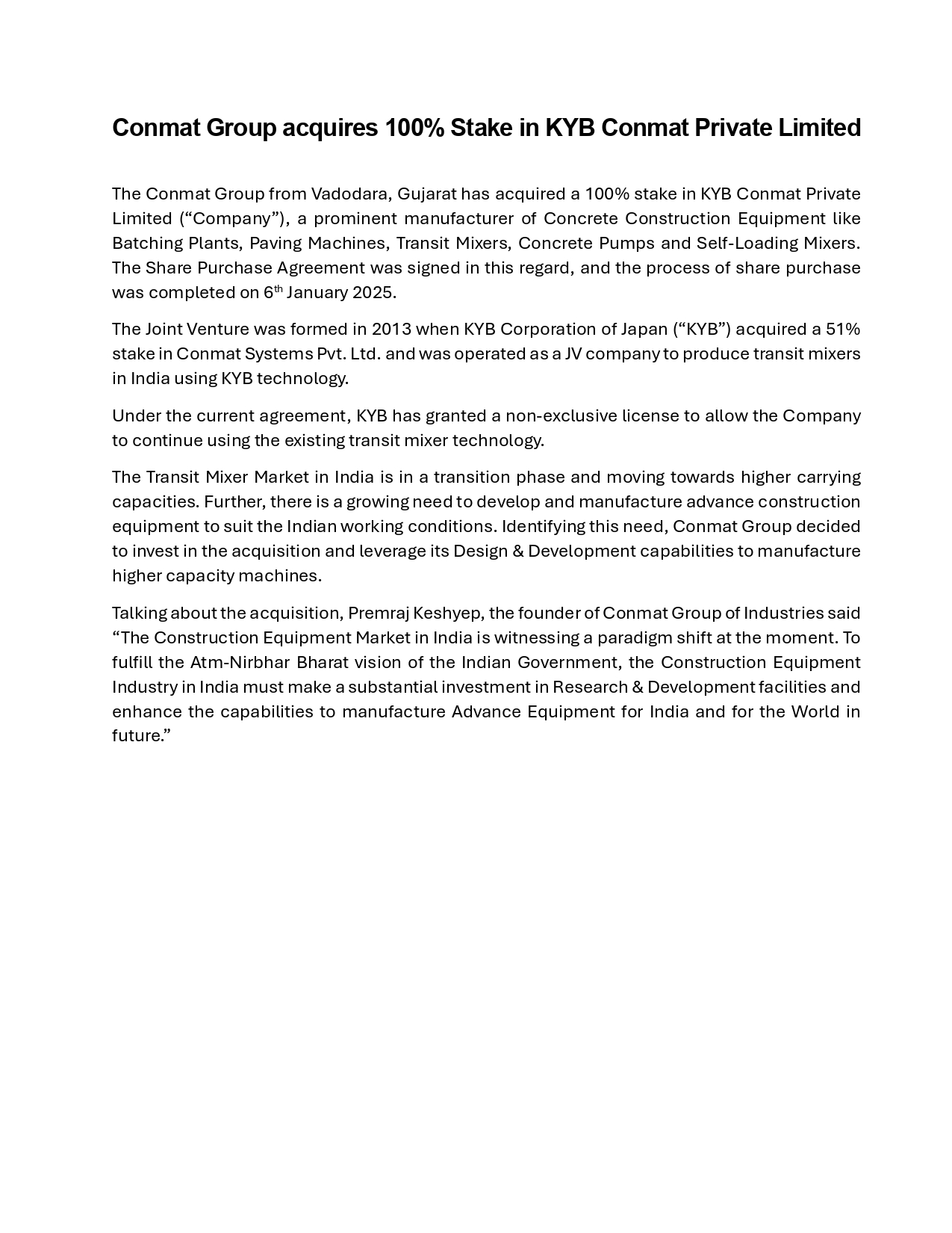 Conmat Group Acquires 100% Stake In KYB Conmat Pvt. Ltd.